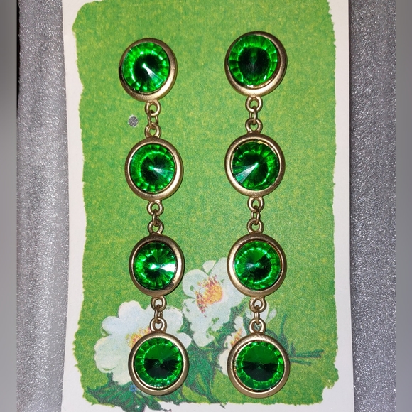Green Rhinestone Dangle Vintage Earrings - Picture 8 of 14